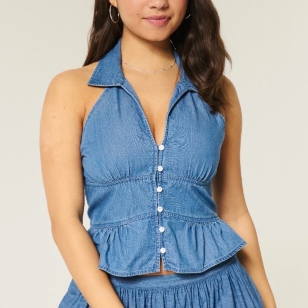 Hollister Denim Halter Top Button Peplum Collar Blouse Size Medium NEW